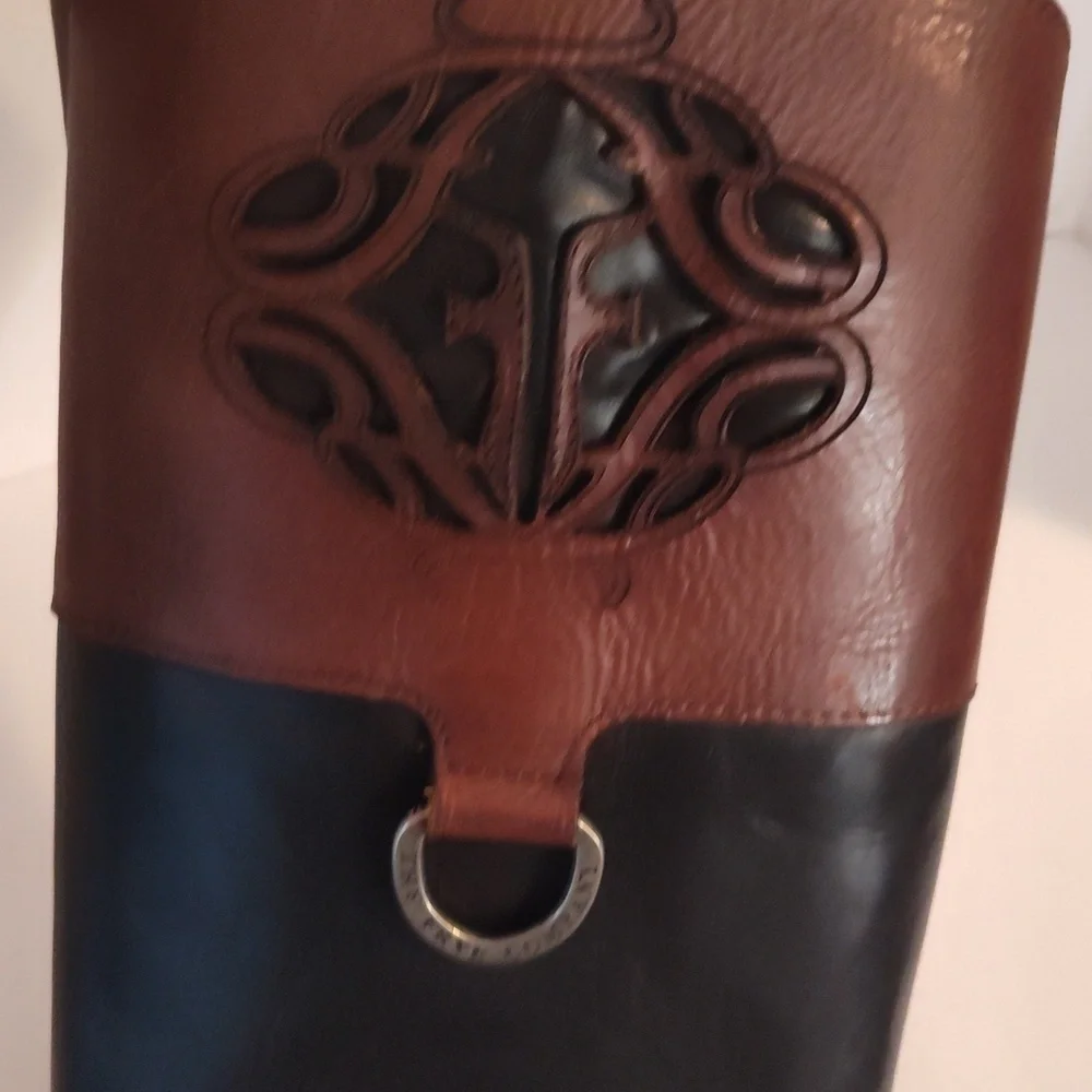Frye Melissa Logo Monogrammed tall Black Brown Leather Knee High Boots size 7 B
